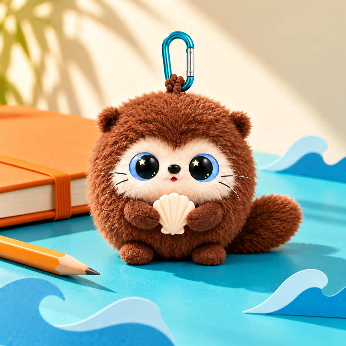 Otti la loutre sur un bureau turquoise avec un carnet orange