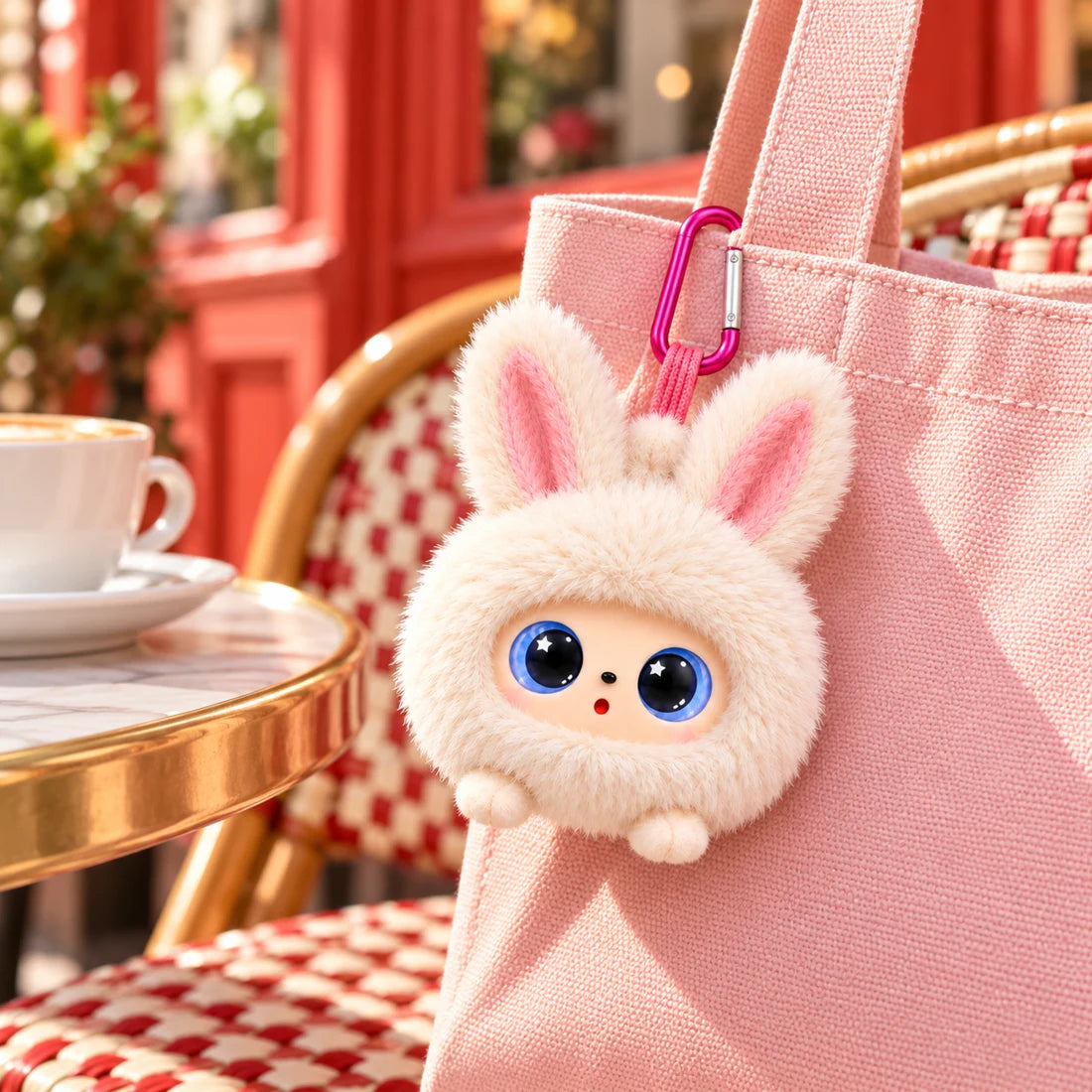 Hase Lulu an einer rosa Tasche auf einer Caféterrasse